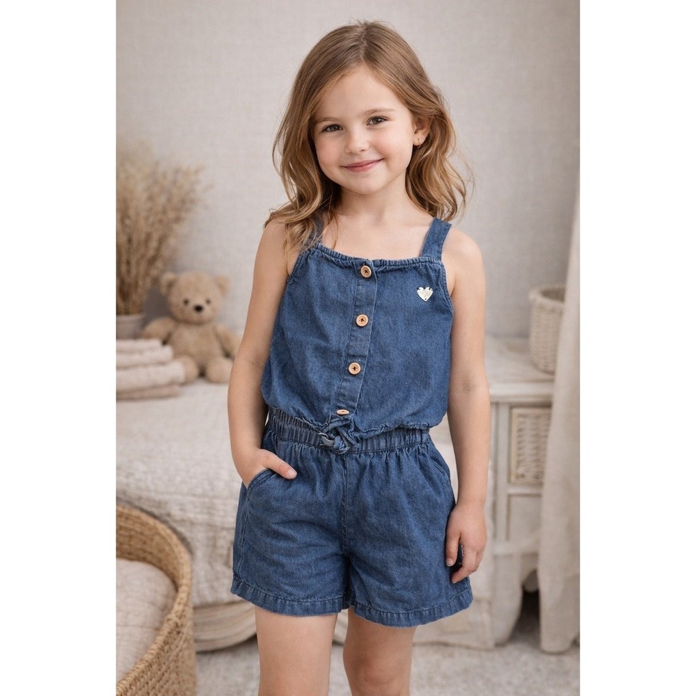 Bebe Girls Denim‎ Romper Size S 7/8 Blue Cotton Button Front